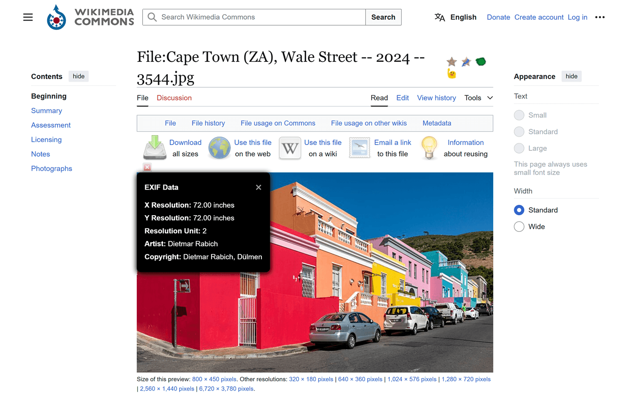 EXIF Metadata Viewer showing camera settings, location data, and timestamps from a landscape photo